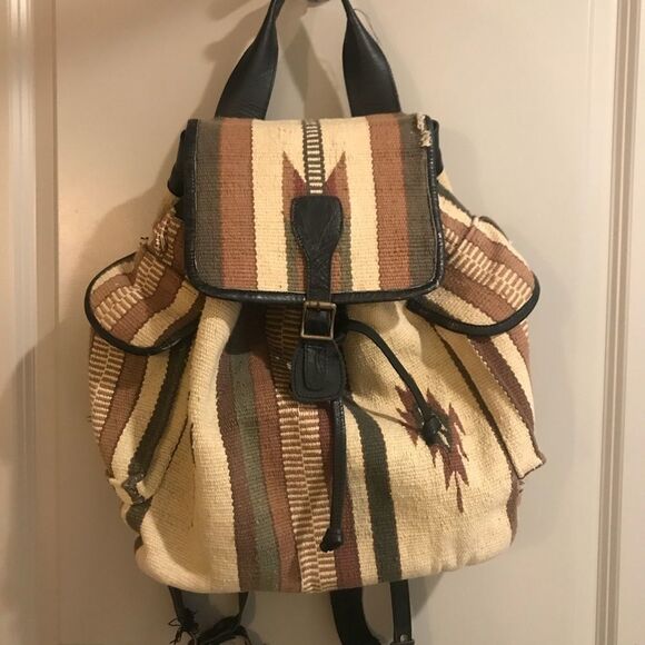 Vintage Handbags - Woven cotton leather backpack Coachella festival